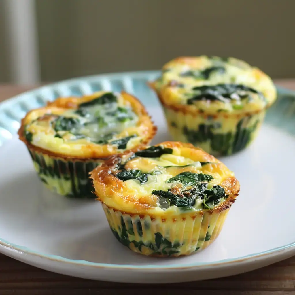 Three golden-brown savory muffins with spinach, served on a plate.