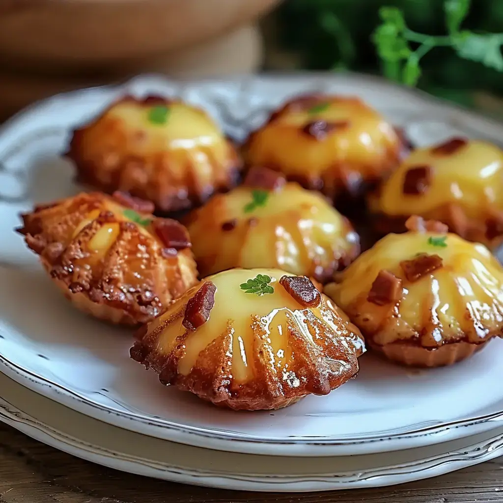 Golden brown baked treats with melted cheese and crisp bacon in small molds on a white plate.