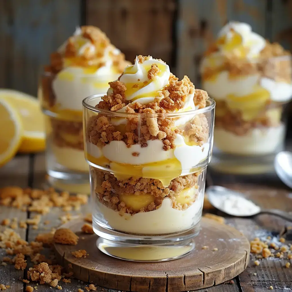 Small glass desserts with layers of lemon cream, biscuit crumbles, and whipped topping, set on a wooden table.
