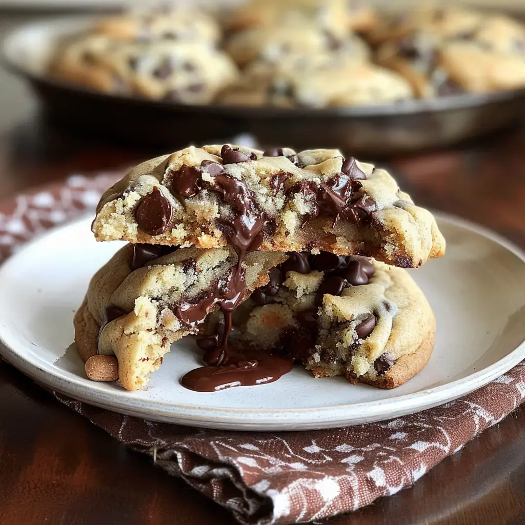 Two soft chocolate chip cookies, one split open with melted chocolate oozing out, placed on a plate.