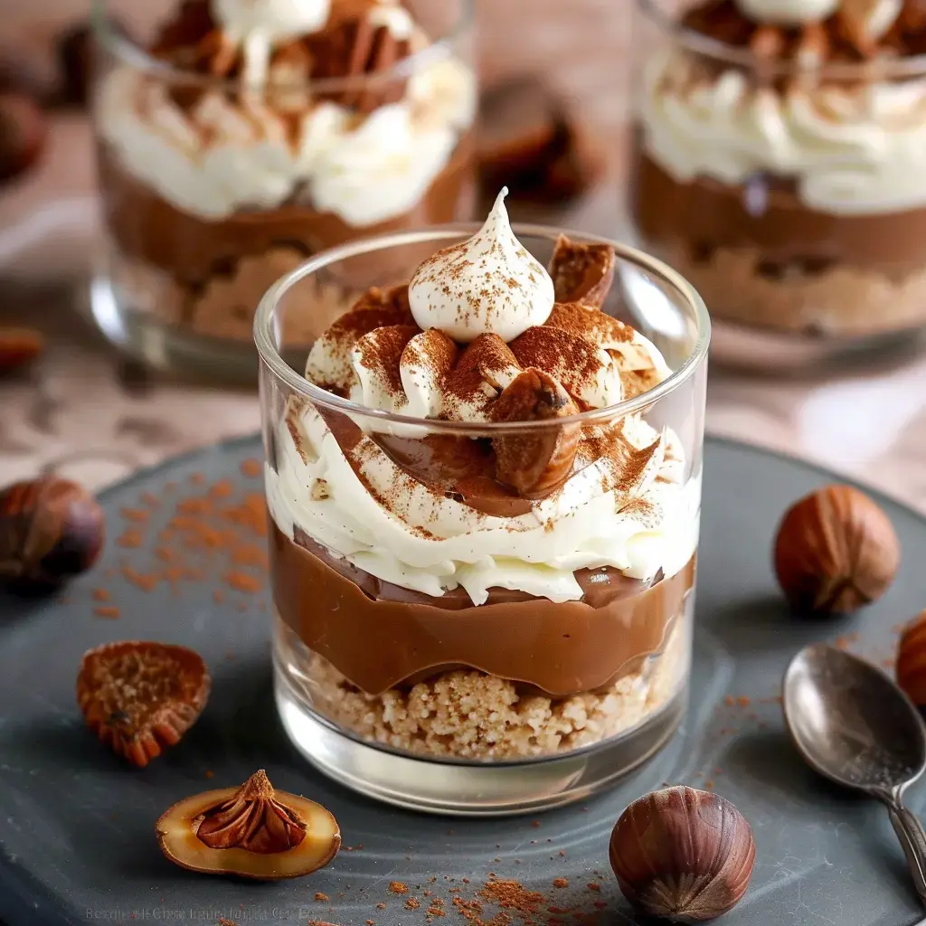 A layered dessert in a glass with chocolate cream, whipped topping, and nut pieces, finished with powdered cocoa.