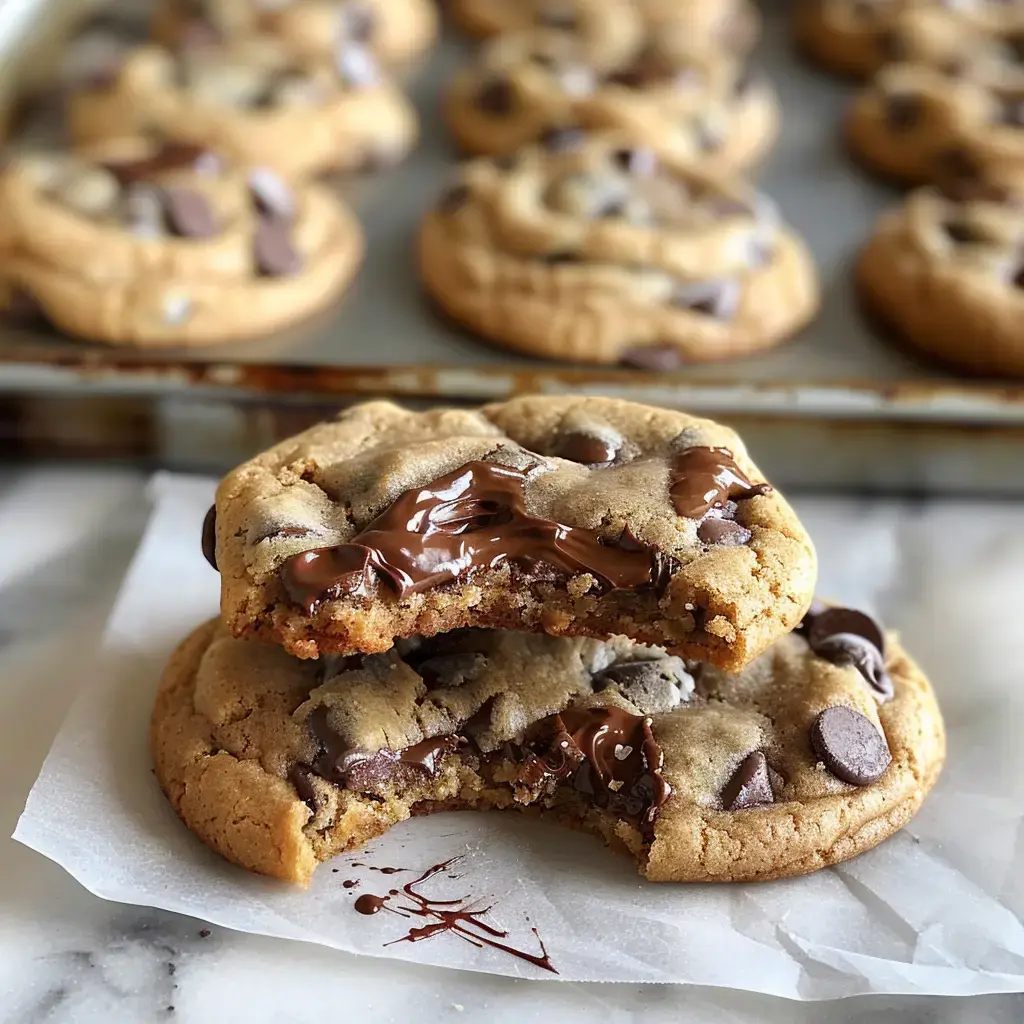 Soft chocolate chip cookies stacked, one partly eaten to show the gooey chocolate center.