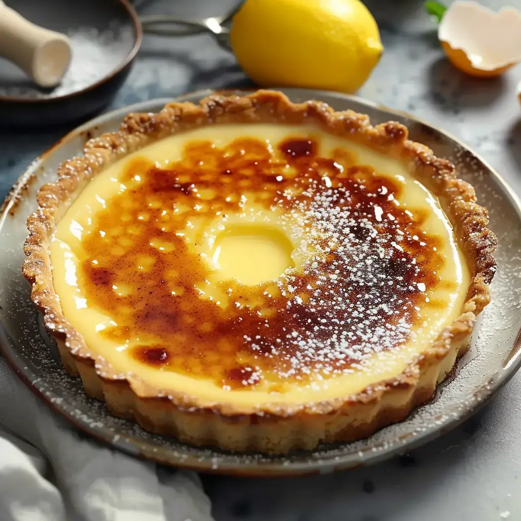 Tangy lemon tart with a caramelized topping, garnished with a lemon slice and eggshell.