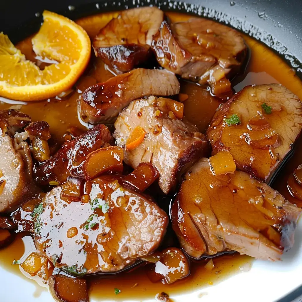 Chunks of tender pork bathing in a flavorful sauce next to an orange slice.