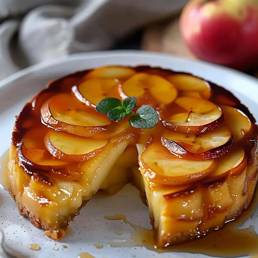 A caramel-coated apple cake with a slice removed, garnished with mint leaves on a plate.