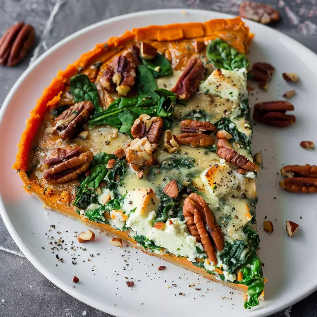 A slice of tart with spinach, cheese, and pecans on a plate.