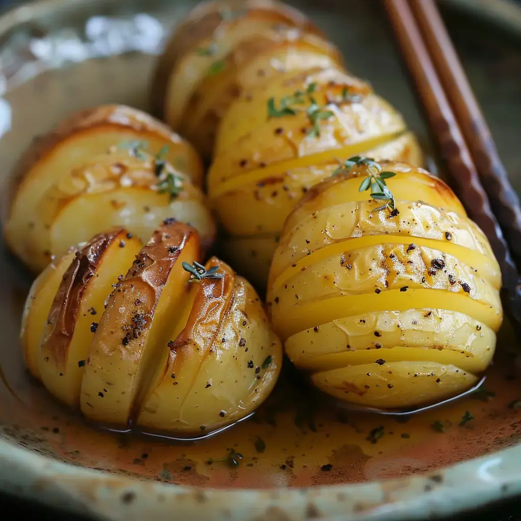 Accordion-style roasted potatoes on a plate, seasoned with thyme and pepper.