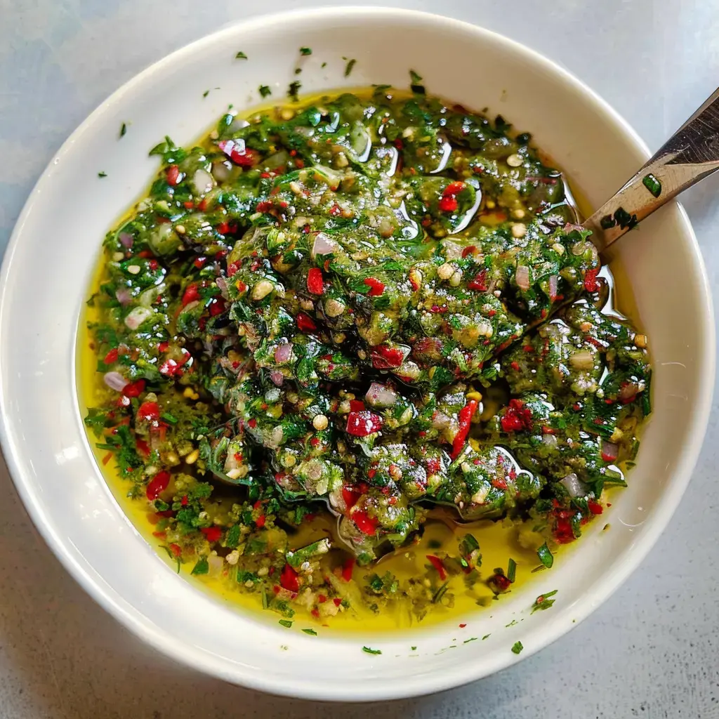 A vibrant bowl of green herb-based sauce with bits of onion and chili, glistening with olive oil.