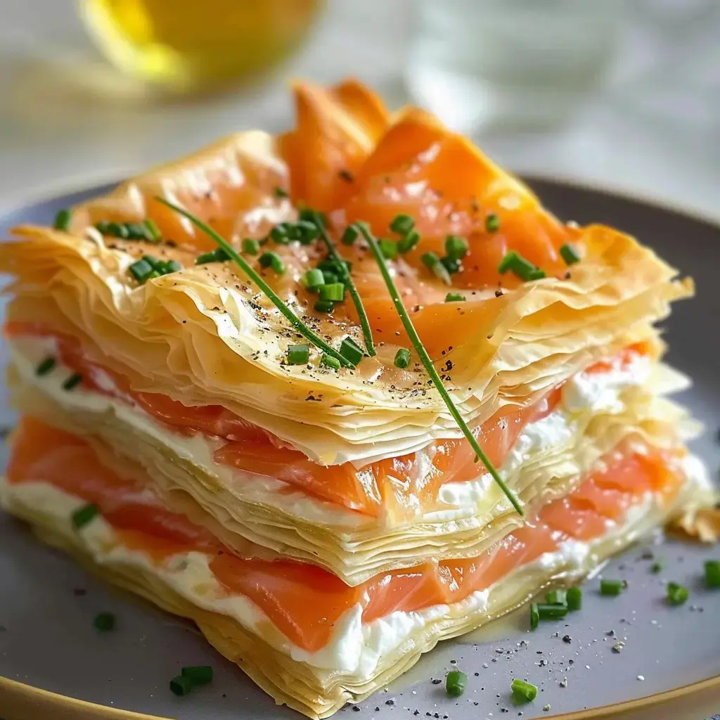 A plate stacked with salmon, cream, and crispy filo layers with chives and pepper garnish.