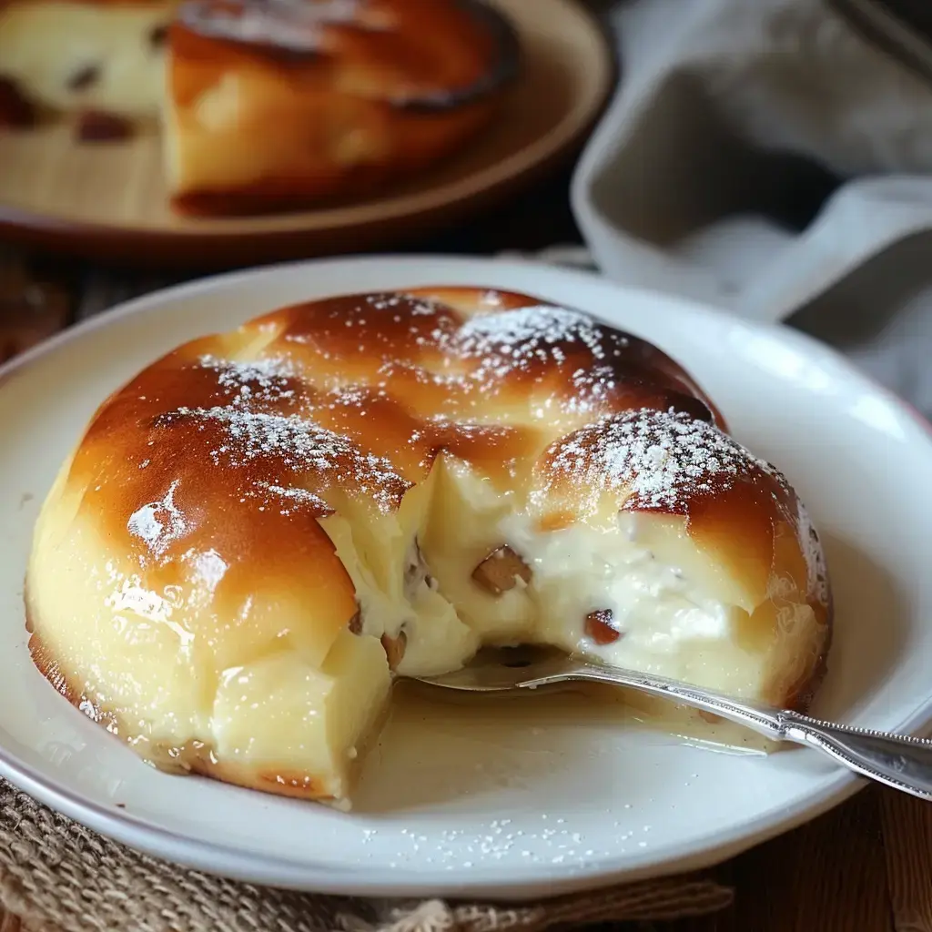 A golden, creamy dessert dusted with powdered sugar, with a piece already sliced and served.