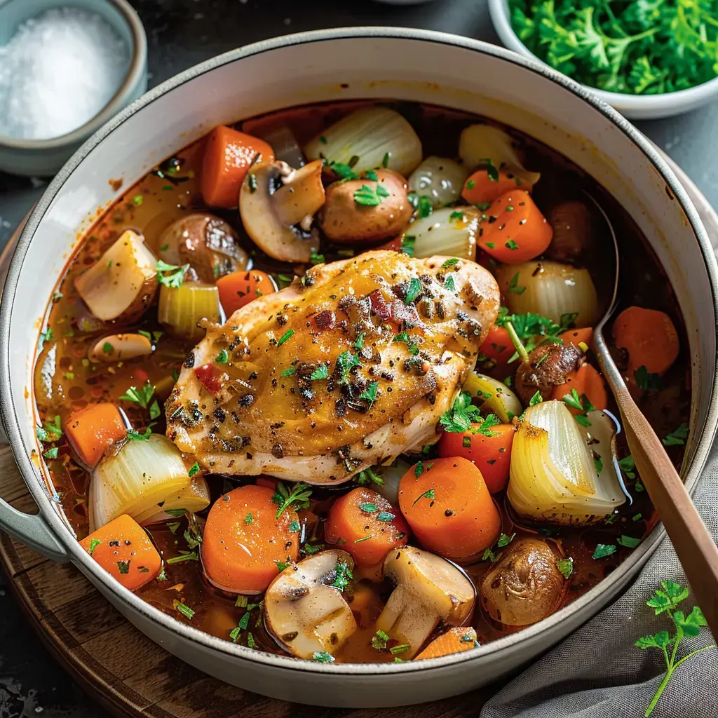 A cozy stew with chicken, carrots, onions, mushrooms, and fresh herbs in a large pot.