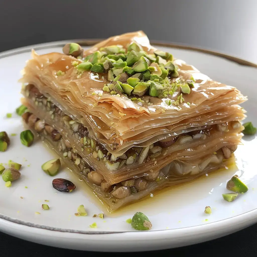 A dessert made with filo dough, layered with nuts and pistachios, then drizzled with sweet syrup.
