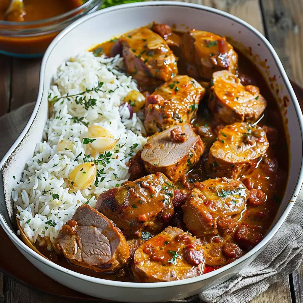 A saucy meat dish served with white rice, garnished with parsley and onions.