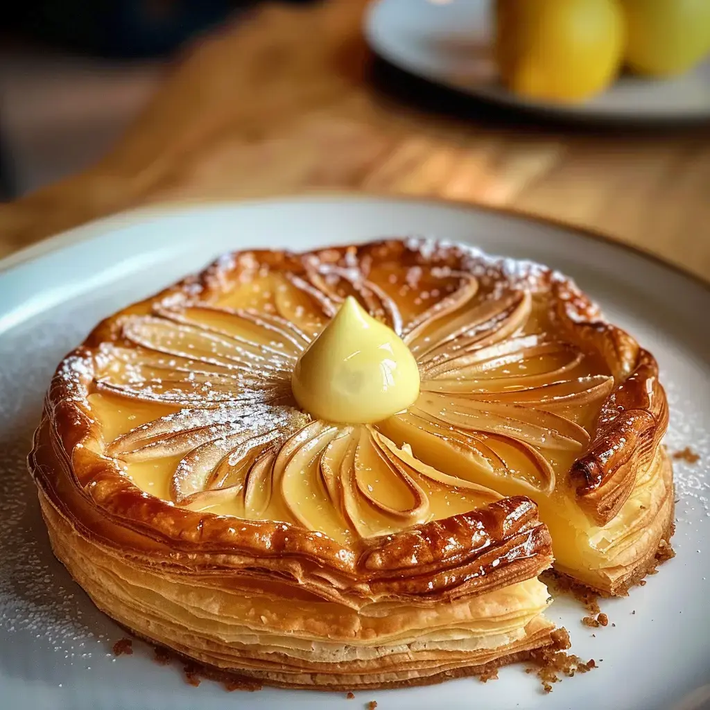 A beautifully decorated almond tart topped with powdered sugar and vanilla custard, finished with a swirl of cream.