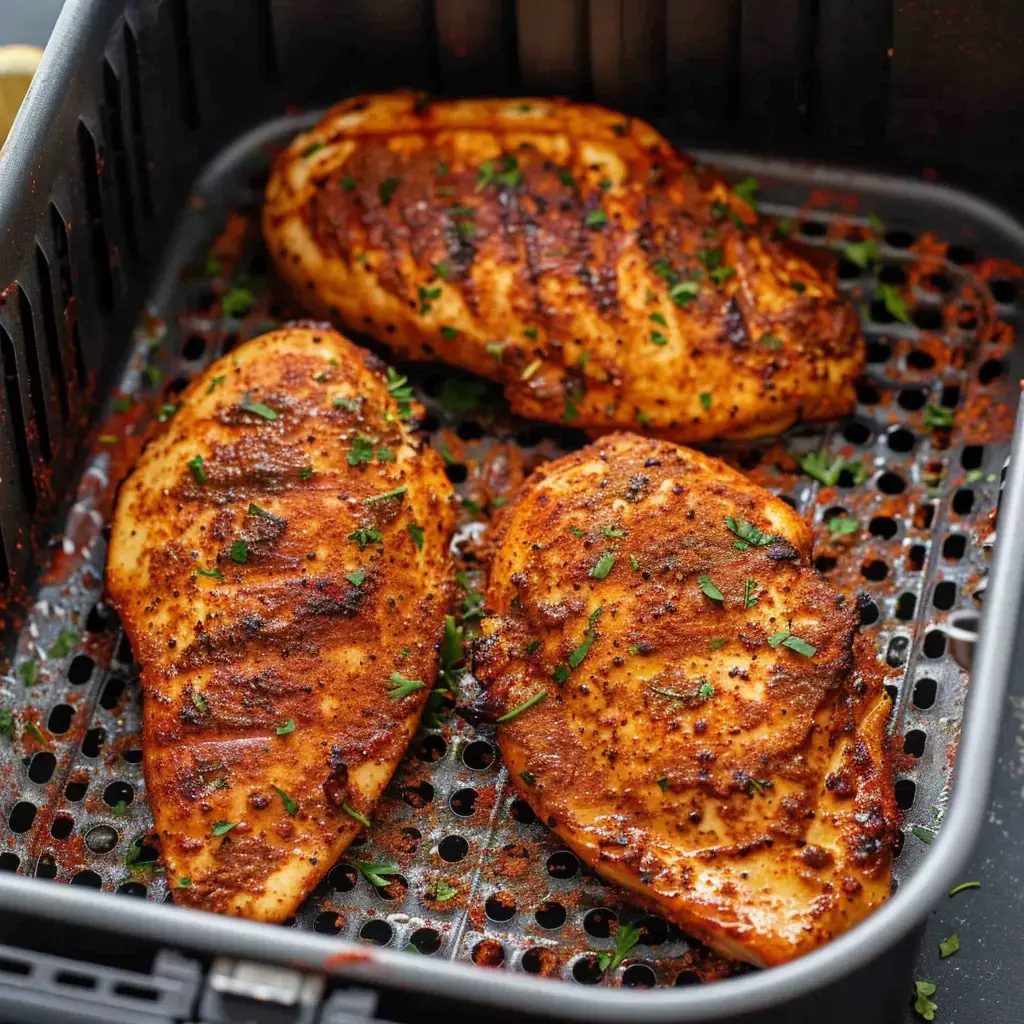 Seasoned and grilled chicken breasts inside an air fryer basket.