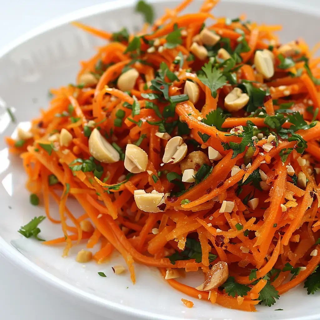 A vibrant grated carrot salad topped with peanuts and cilantro.