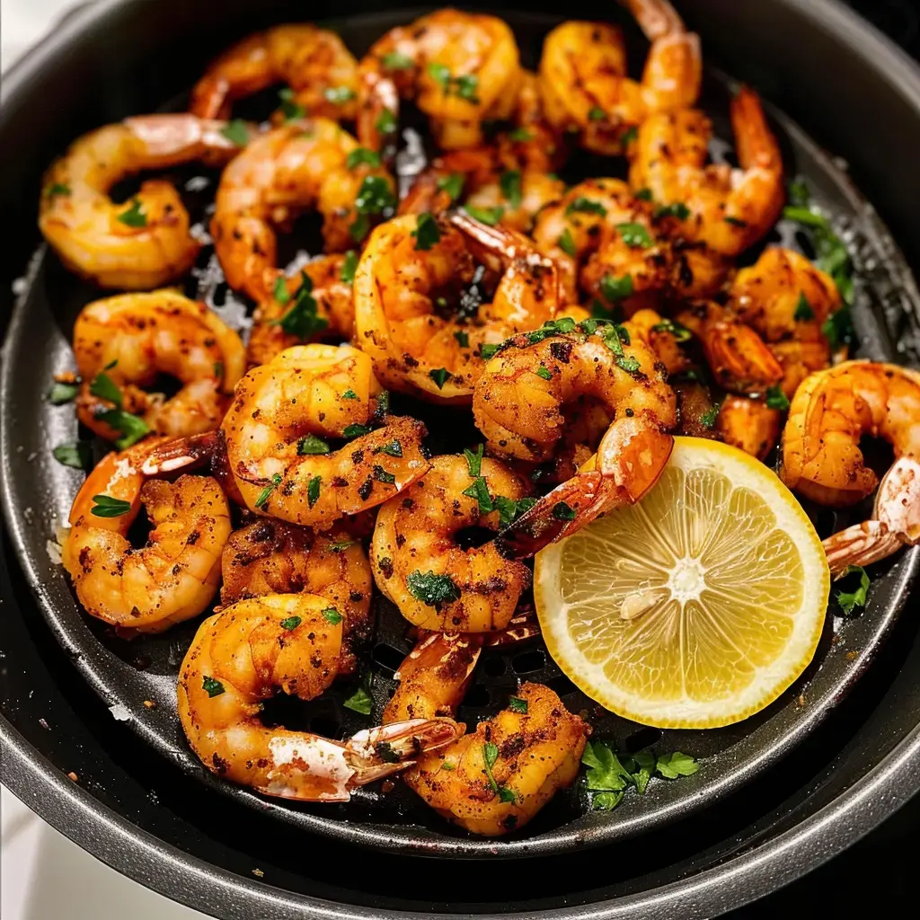 Crispy shrimp garnished with parsley and served with a fresh lemon slice in a black bowl.