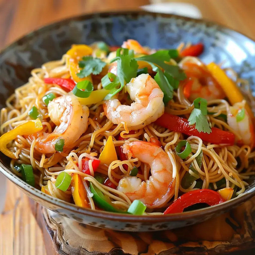 A flavorful bowl of noodles topped with shrimp and colorful veggies.