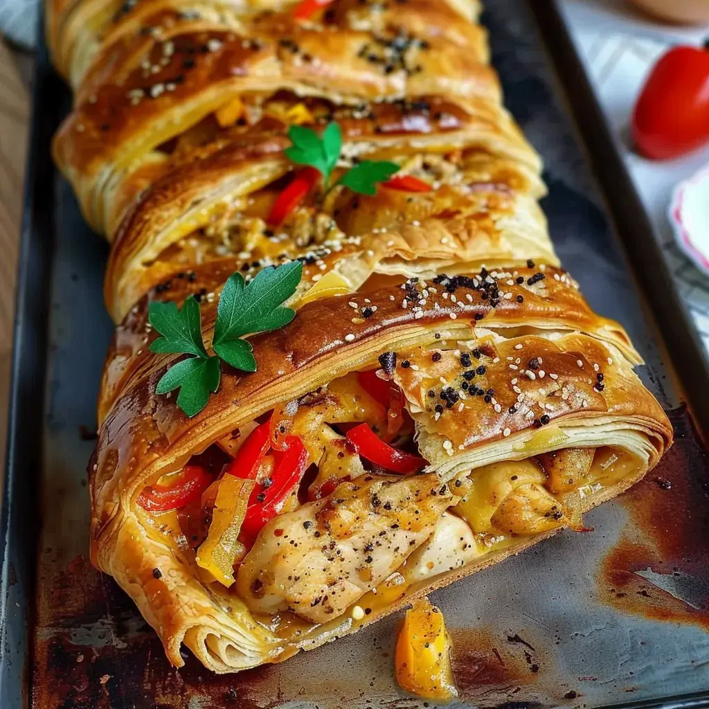 Golden baked pastry stuffed with chicken, red and yellow peppers, sprinkled with seeds and parsley.