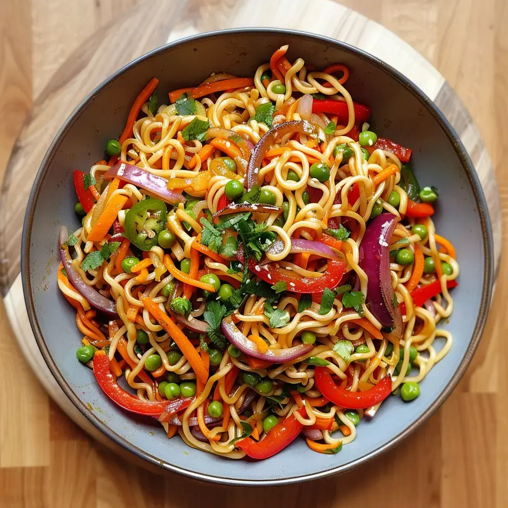 A stir-fry filled with colorful veggies like carrots, peppers, peas, and topped with fresh cilantro.