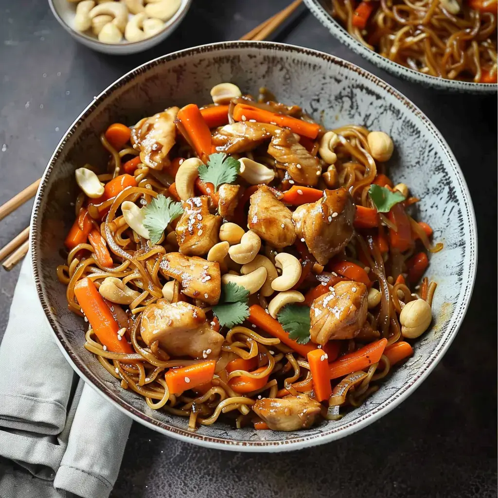 A bowl of noodles topped with chicken, carrots, cashews, cilantro, and sesame seeds.