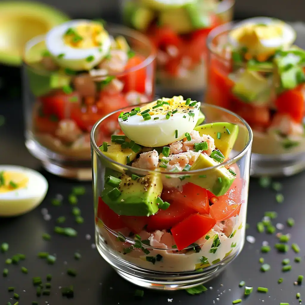 Des verrines colorées contenant des couches de tomates, avocat, œufs durs et morceaux de viande, garnies de ciboulette.