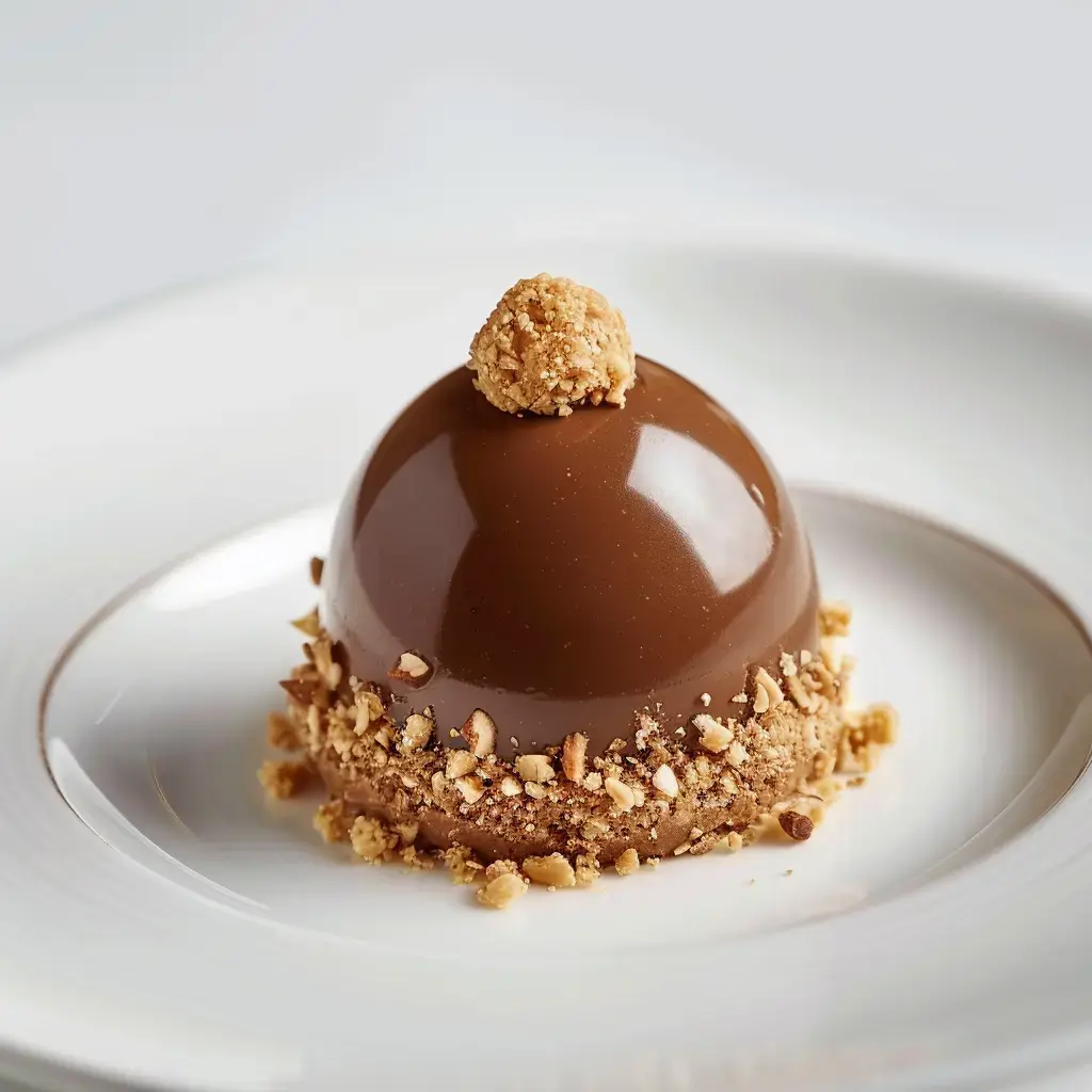A round chocolate dessert topped with a sweet bite and surrounded by crushed hazelnut pieces.