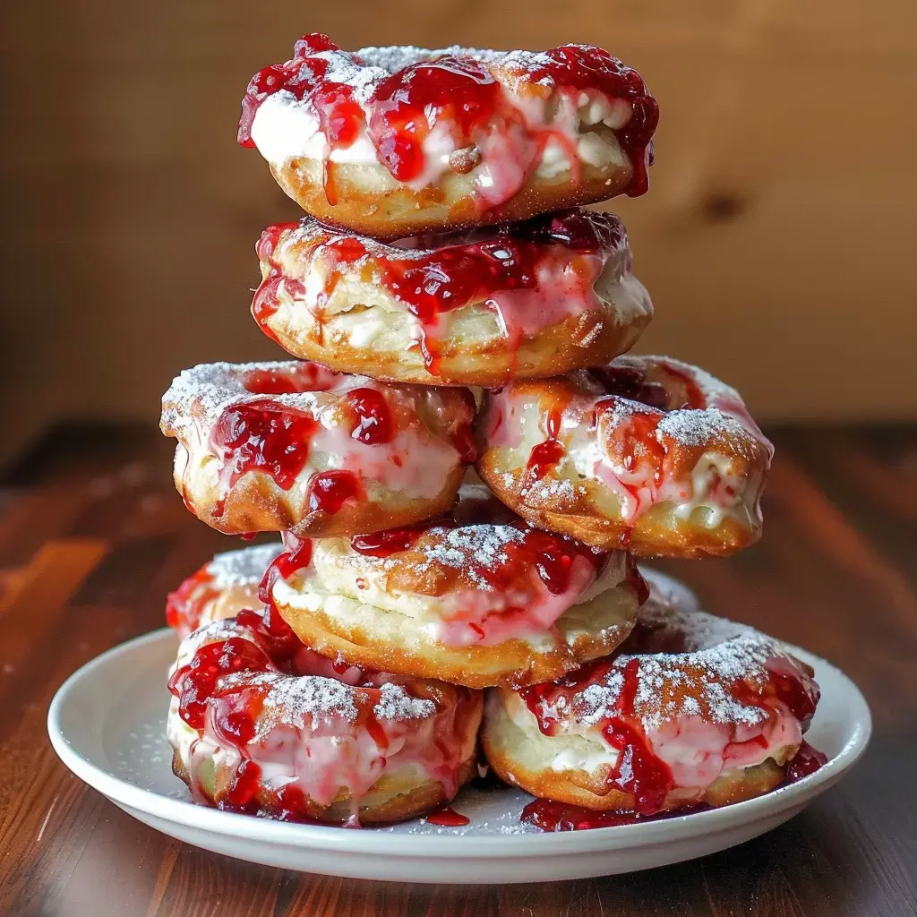 A stack of donuts topped with pink icing and jam, sprinkled with powdered sugar, sits on a plate.