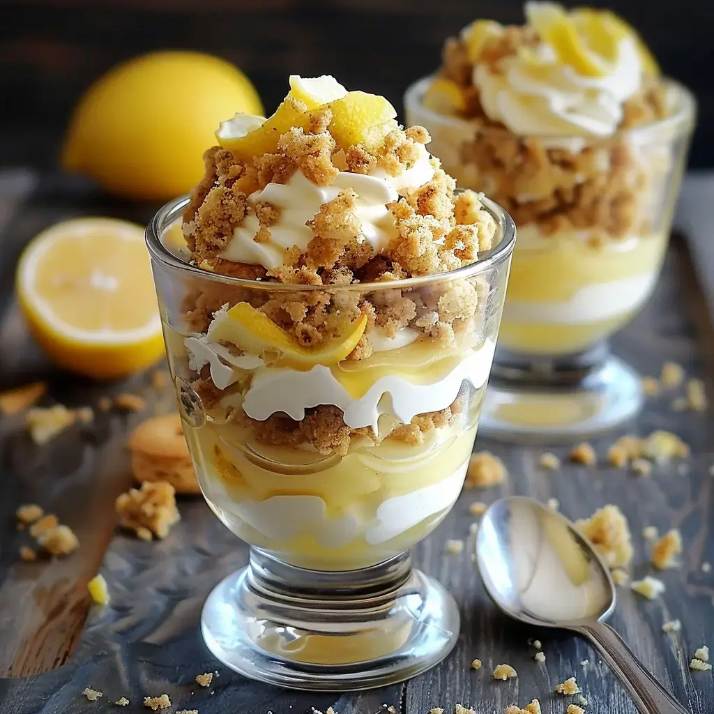 Glass dessert with layers of cream, lemon curd, cookie crumbs and lemon zest, with a halved lemon in the background.