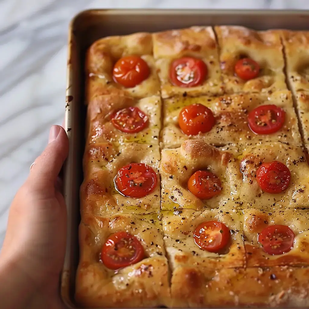 A person holding a tray of golden flatbread topped with roasted cherry tomatoes.