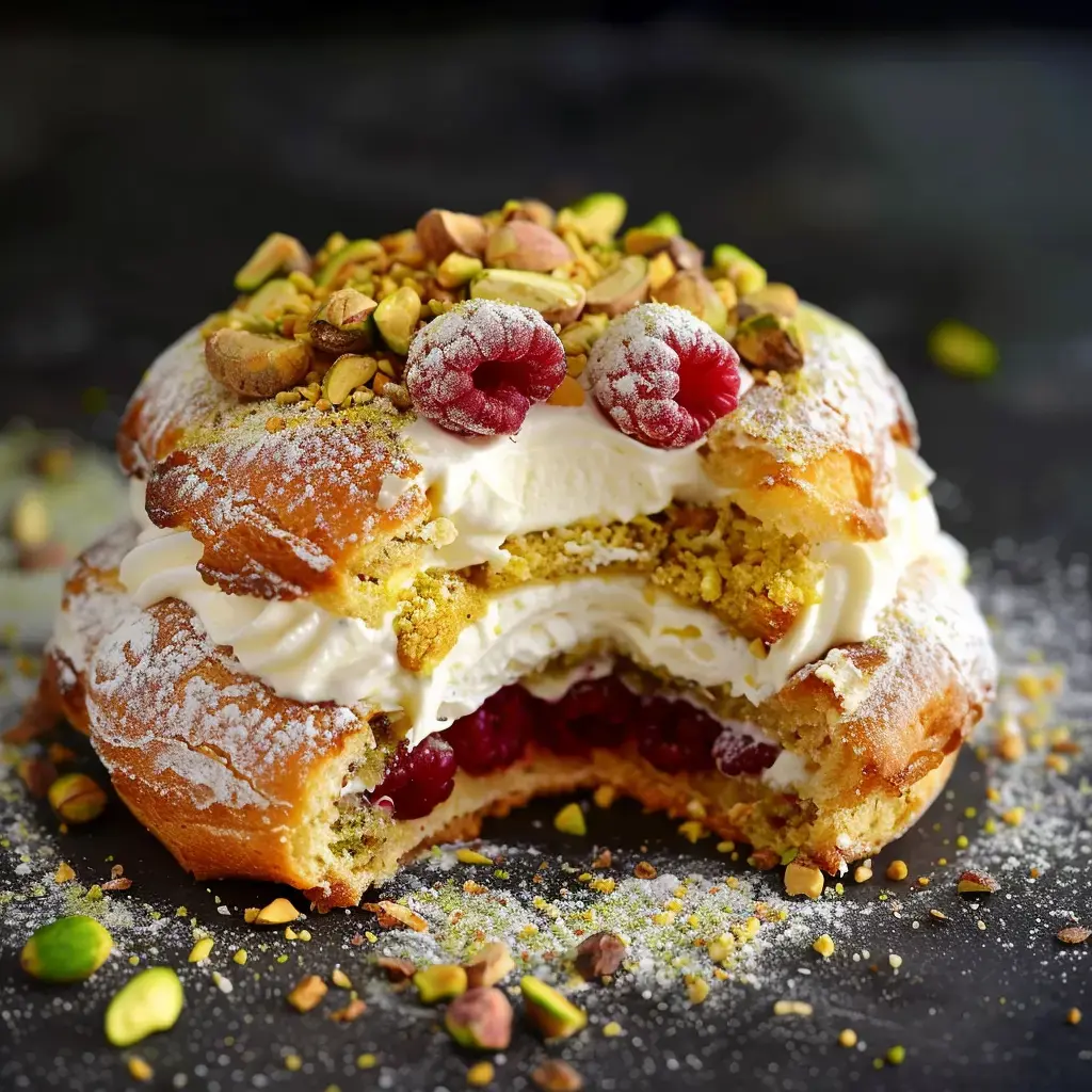 A cream-filled dessert, topped with raspberries and pistachios, featuring a cracked biscuit layer on a powdered sugar background.