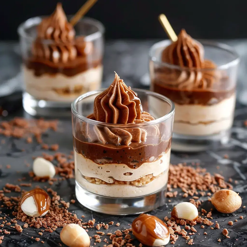 Layered dessert glasses showing multiple tiers of chocolate cream and cookies, topped with whipped cream, surrounded by hazelnut pieces.