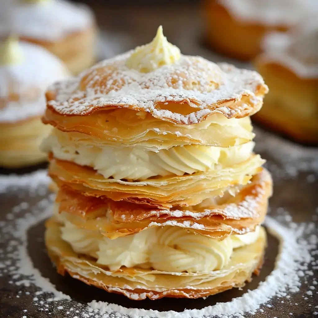 Three layers of flaky pastry filled with cream, dusted with powdered sugar.