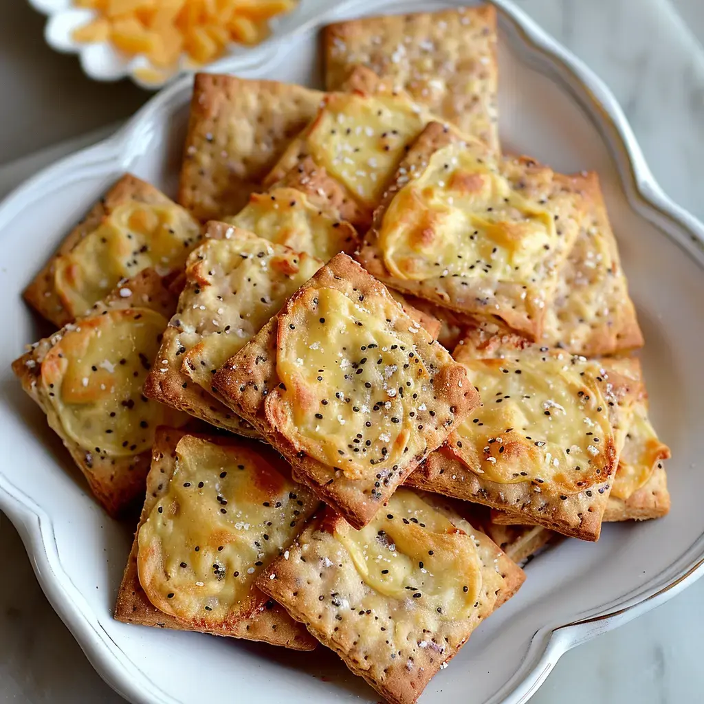 A plate of golden cheese crackers topped with poppy seeds and salt.