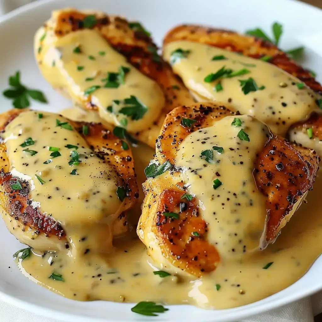 Grilled chicken fillets covered in creamy sauce, topped with parsley and pepper, served on a plate.