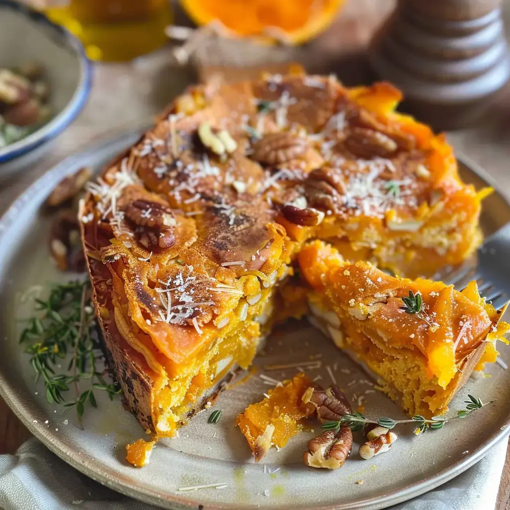A squash cake dish garnished with pecan nuts and coconut flakes, with a slice cut out showing the inside texture.