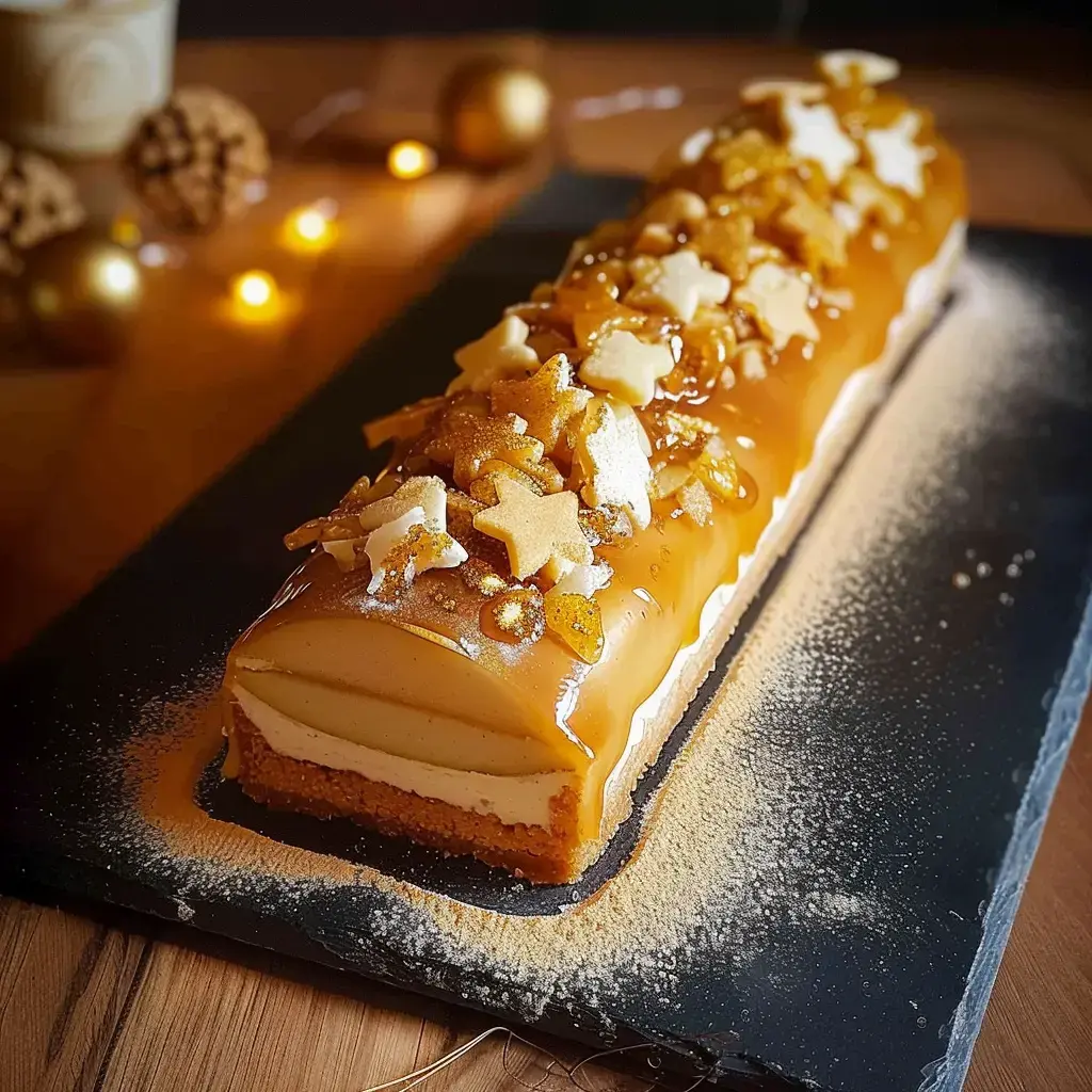 A log-shaped cake topped with caramel pieces, jam, and sugar stars, displayed on a black serving plate.