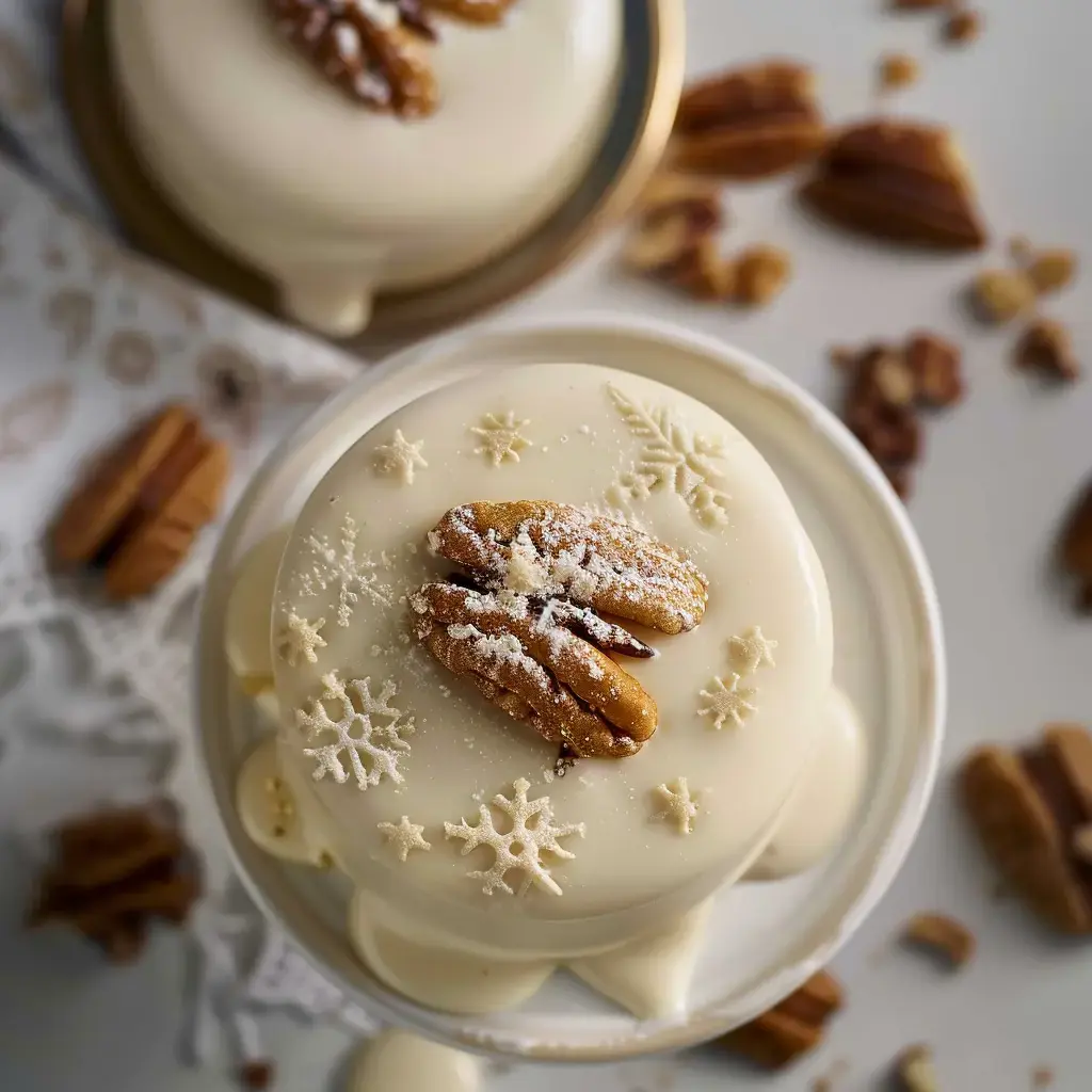 An elegant dessert covered in white chocolate with pecan nuts and snowy patterns sits on a serving plate.