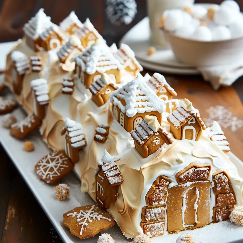 Gingerbread village cake decorated with cream and powdered sugar, displayed on a serving dish.