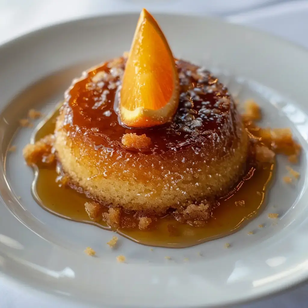 Un dessert de flan caramelisé, garni d'un quartier d'orange, sur une assiette blanche.
