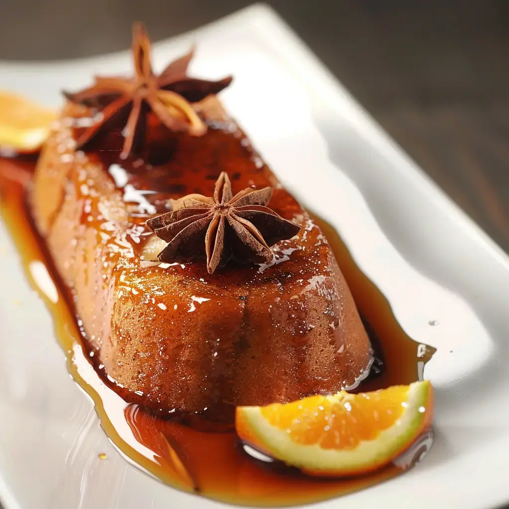 A caramel-glazed loaf dessert decorated with star anise and an orange slice on the side.