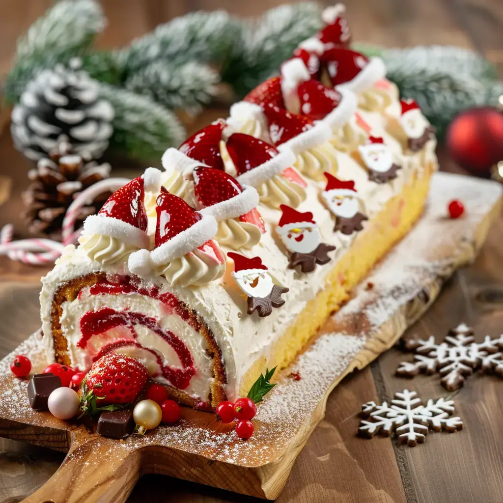 A Christmas log decorated with strawberries, whipped cream and festive patterns, sitting on a wooden board with decorative elements.