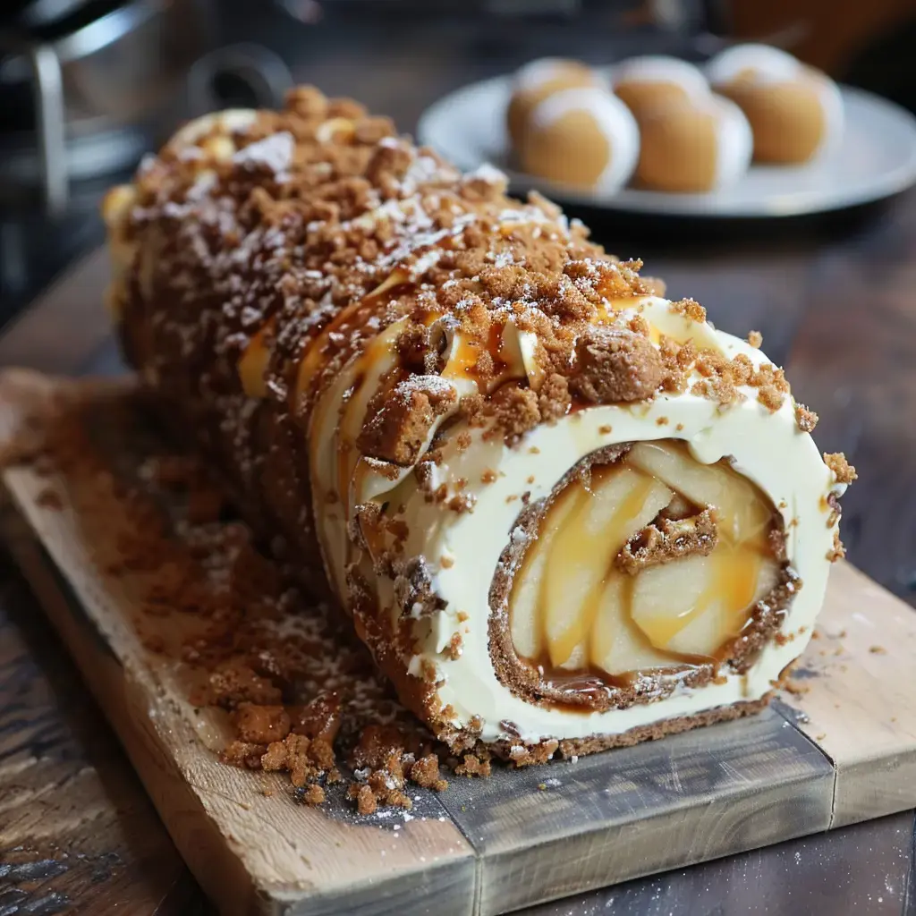 A pastry log with apple pieces, topped with cream and cookie crumbs, displayed on a wooden board.