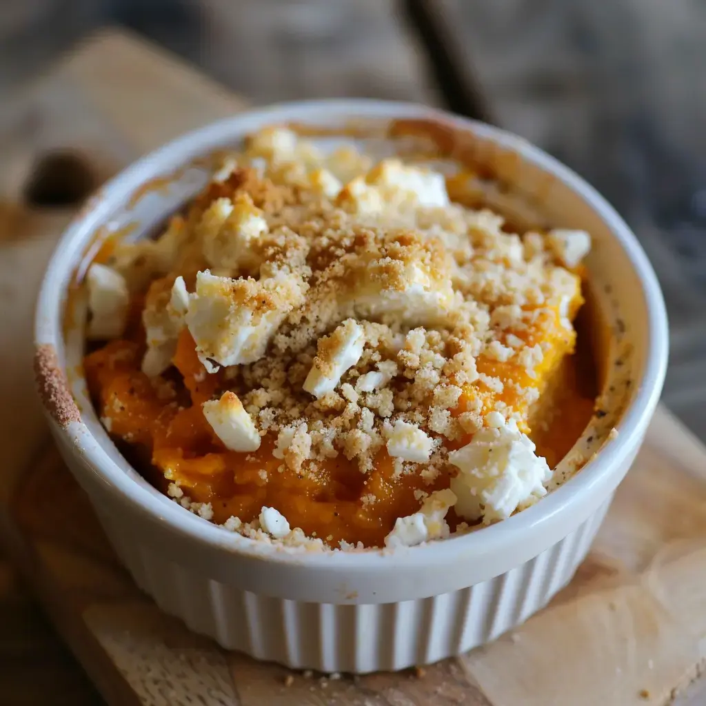 A butternut squash puree topped with cheese and crispy crumbs, served in a white ramekin.