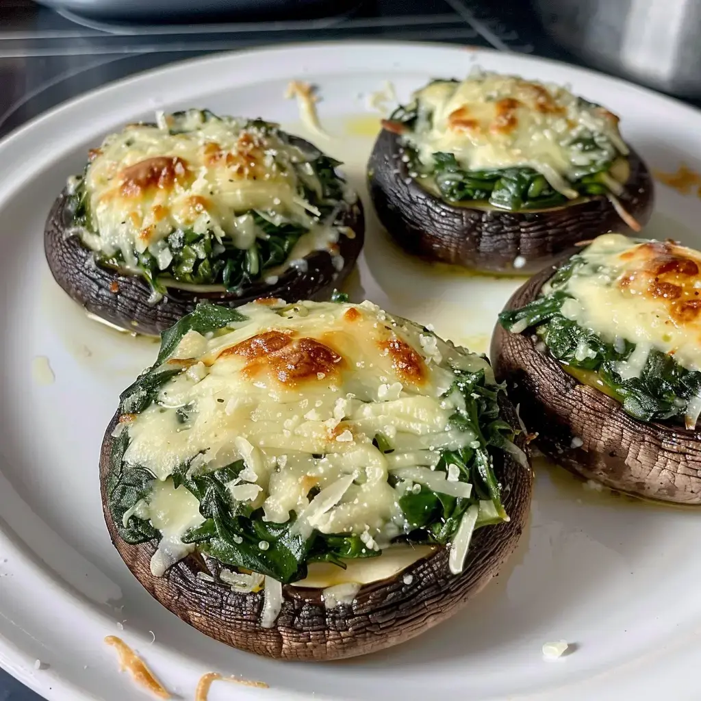 Four mushrooms stuffed with spinach and melted cheese arranged on a plate.