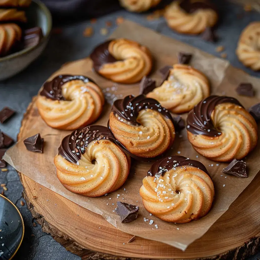 Spiral cookies coated with chocolate and sprinkled with salt arranged on paper in a wooden plate.