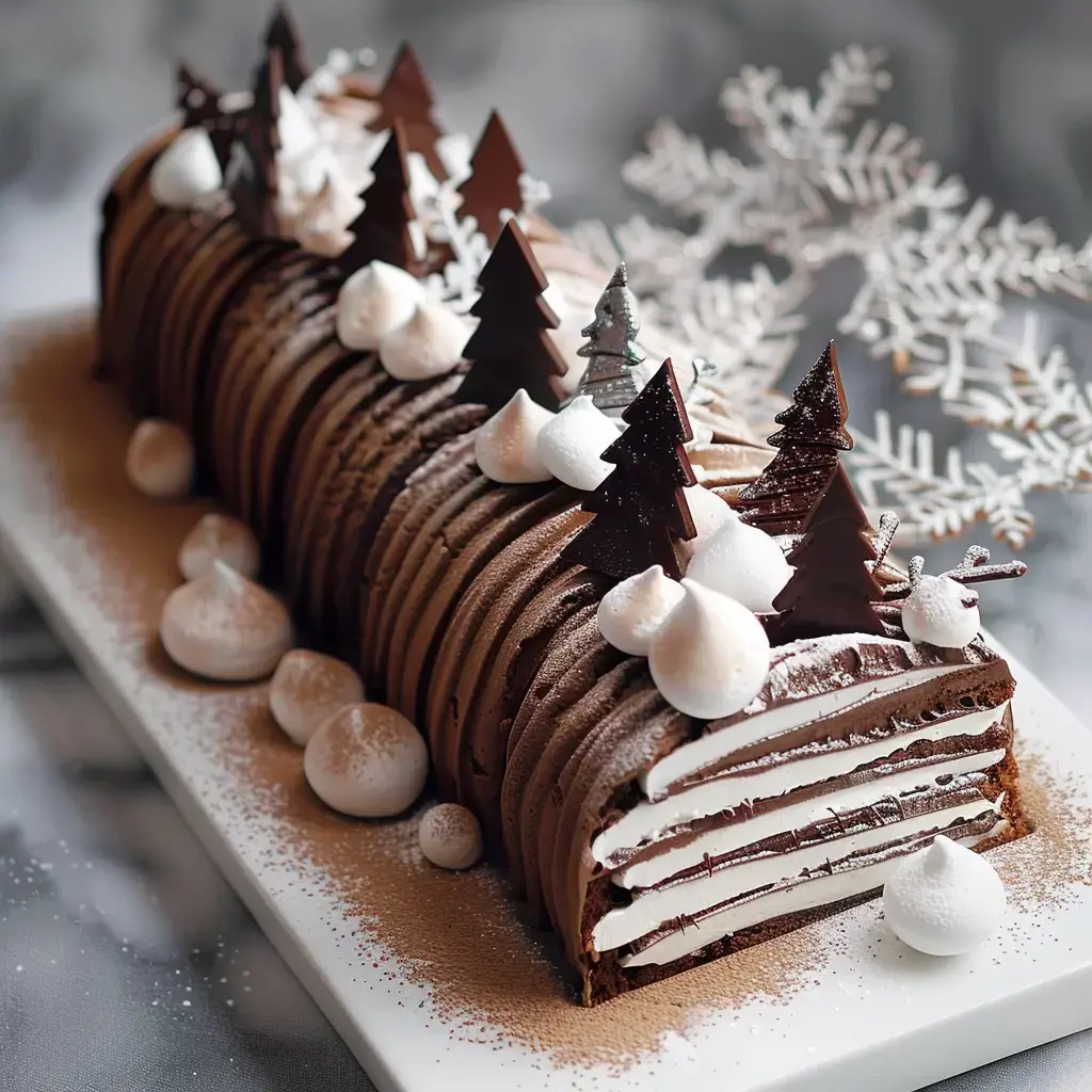 A chocolate Yule log decorated with small chocolate Christmas trees and white meringues.