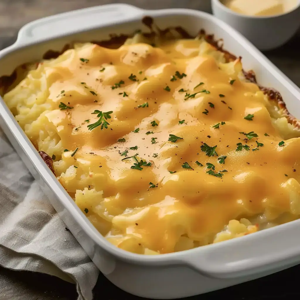 Creamy potato gratin topped with melted cheese and parsley.
