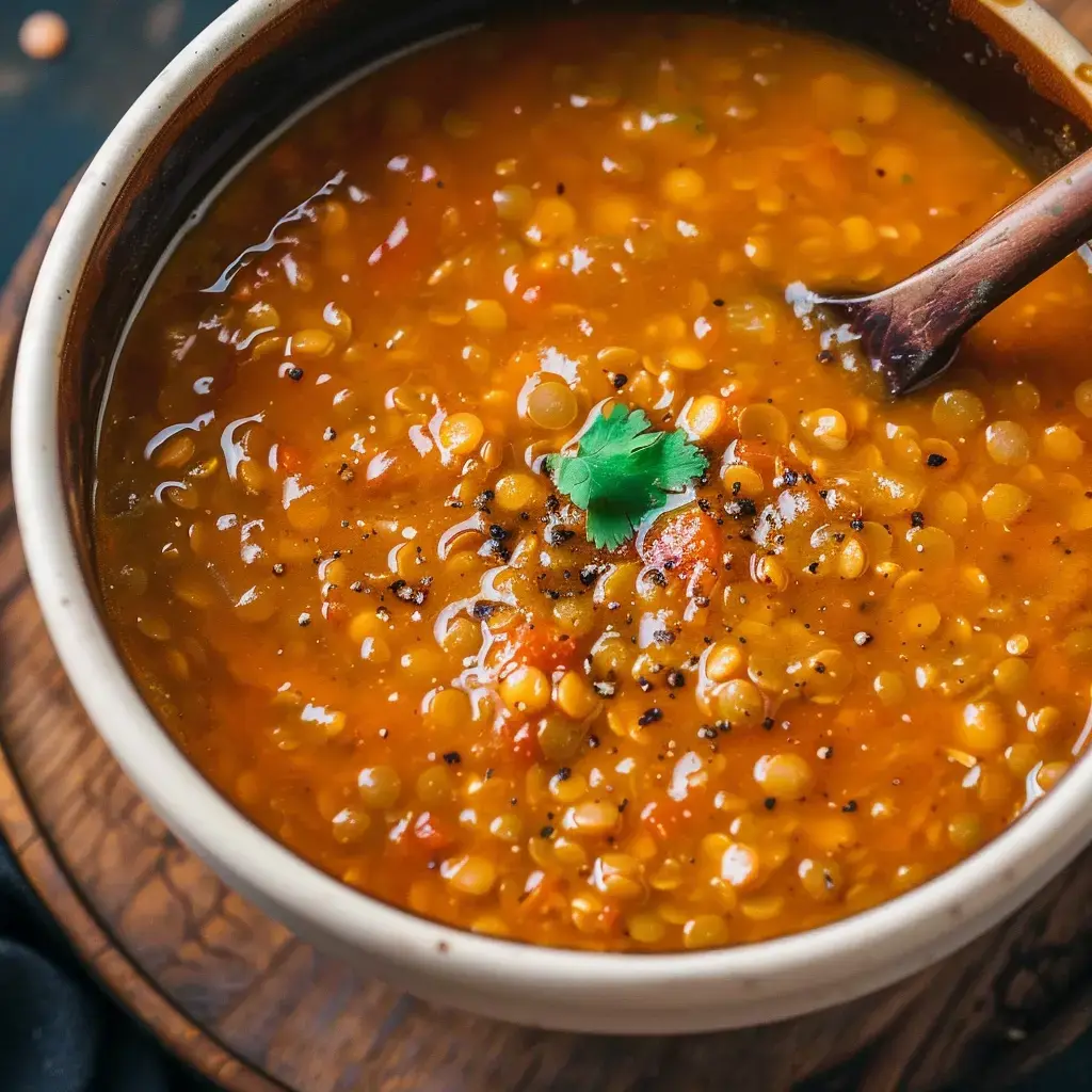 A bowl of orange lentil soup garnished with fresh coriander and spices.