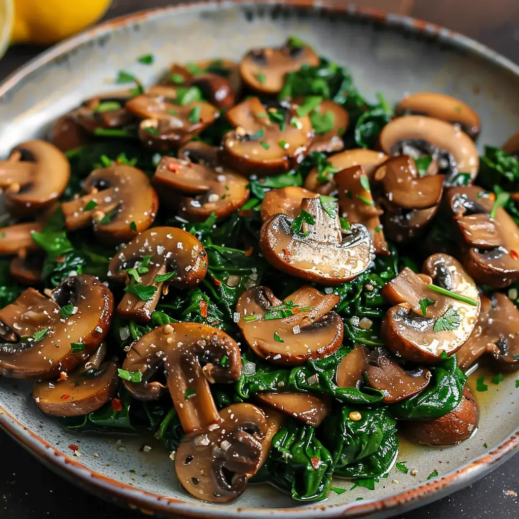 A dish of sautéed mushrooms on a bed of spinach, topped with parsley and salt.